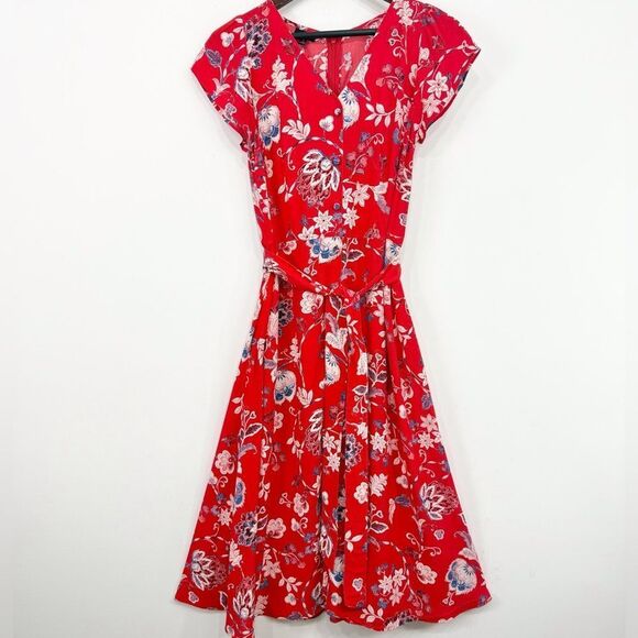 Talbots Red Blue Cream Floral Print V Neck Button Front Sash Waist Dress - Picture 4 of 16